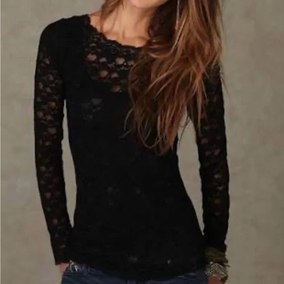 Free People Womens Black Lace Top Long Sleeve Sheer Layering Small NWOT - Picture 2 of 14